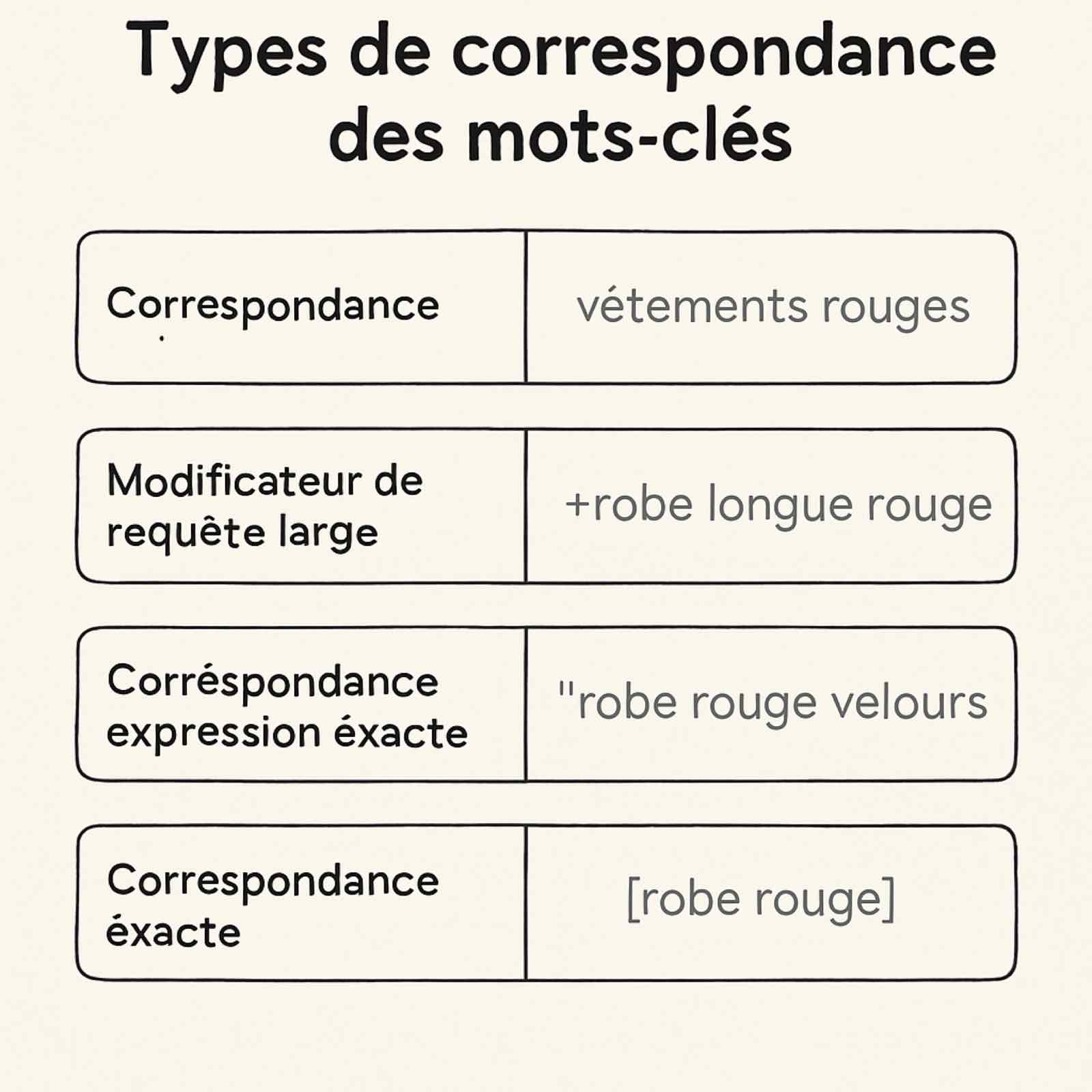 Graphique illustrant les types de correspondance des mots-clés